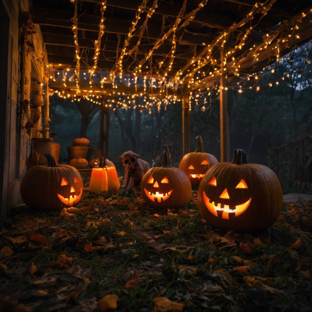 Imagen de decoración de Halloween con luces LED, telarañas y calabazas talladas