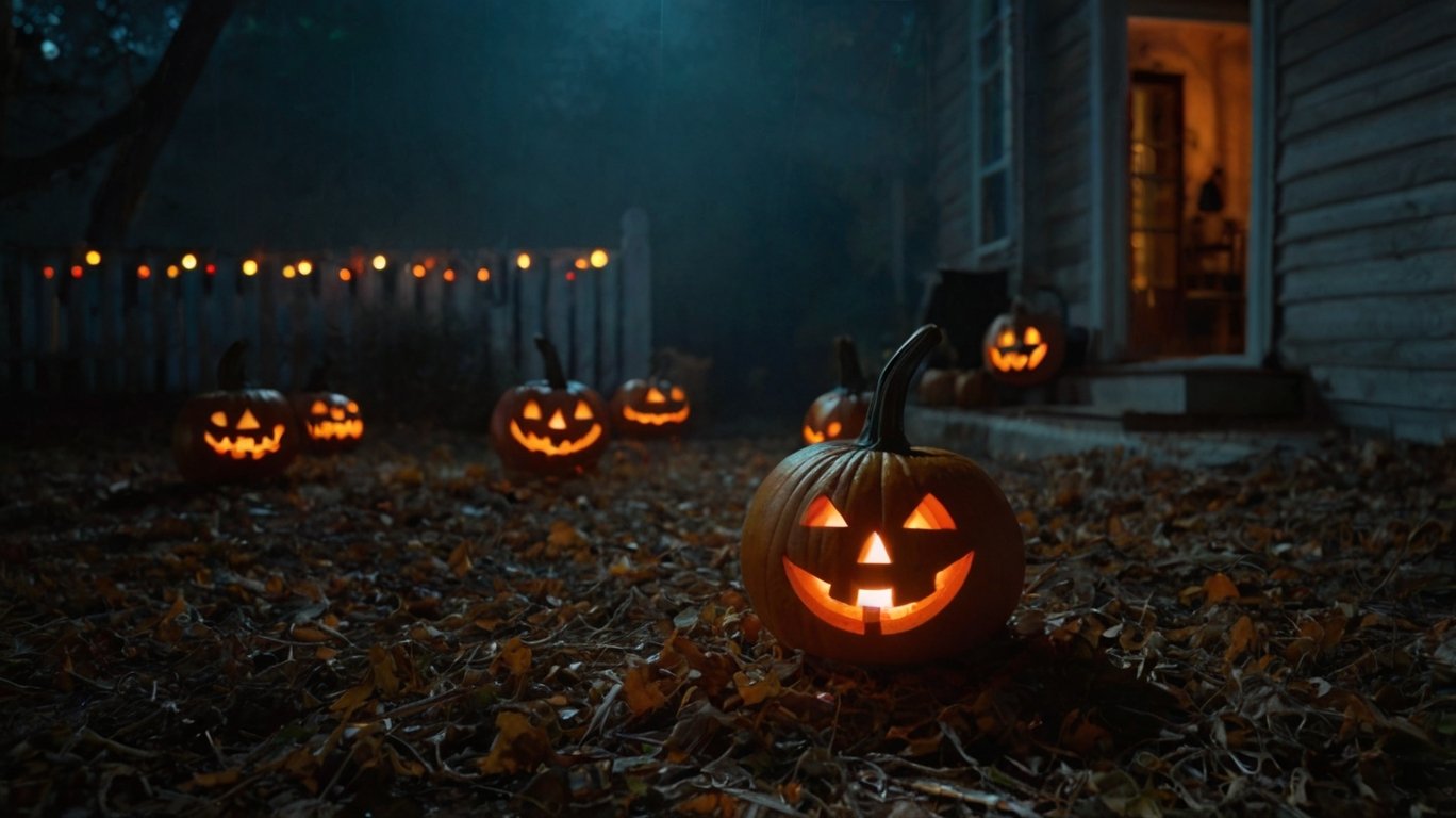 Imagen de decoración de Halloween con luces LED de calabazas, telarañas y figuras de fantasmas y esqueletos