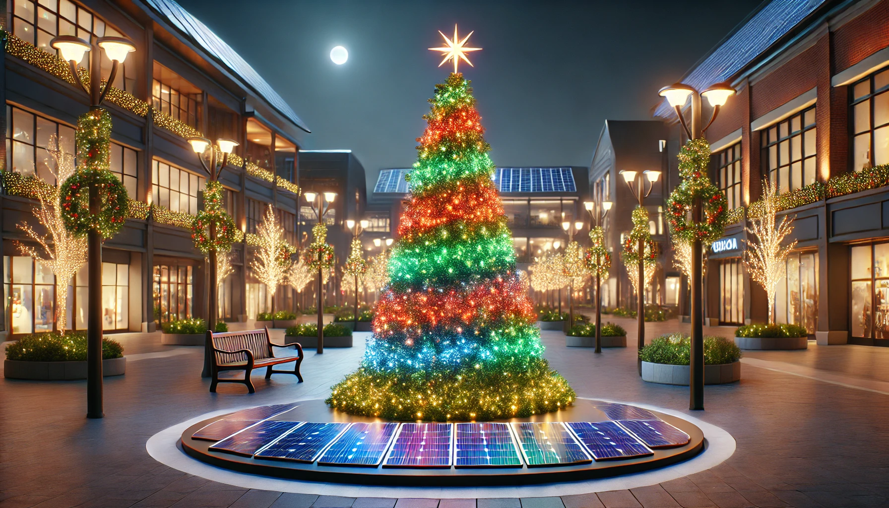 Árbol navideño en una plaza iluminado con luces solares de colores