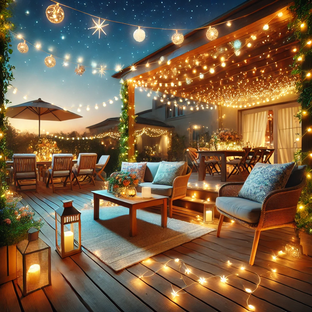 Guirnalda de luces LED colgando en una terraza acogedora, perfecta para iluminar y decorar espacios interiores y exteriores.