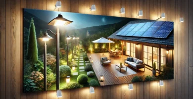 Imagen de focos solares LED iluminando un jardín, ideales para exteriores y ahorro energético.