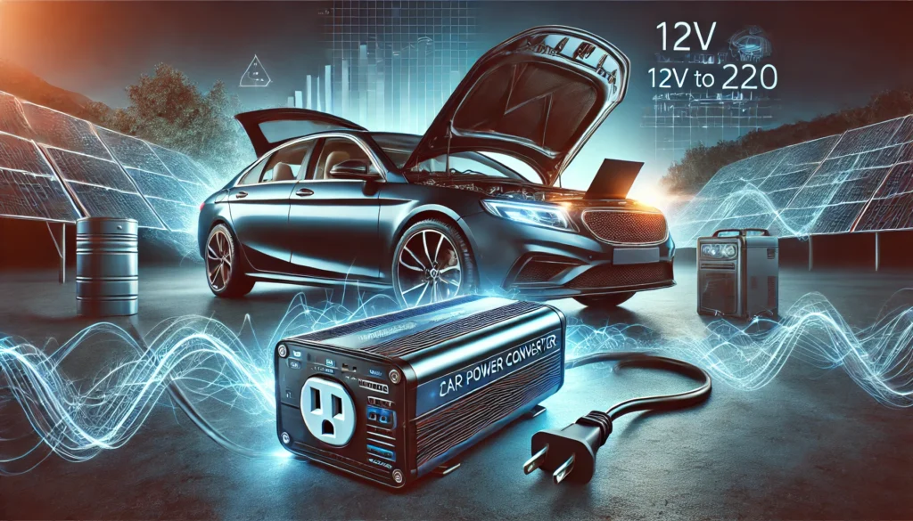 INVERSOR DE CORRIENTE AUTO Imagen de un convertidor de corriente para auto 12V a 220V conectado al vehículo, suministrando energía a dispositivos electrónicos.