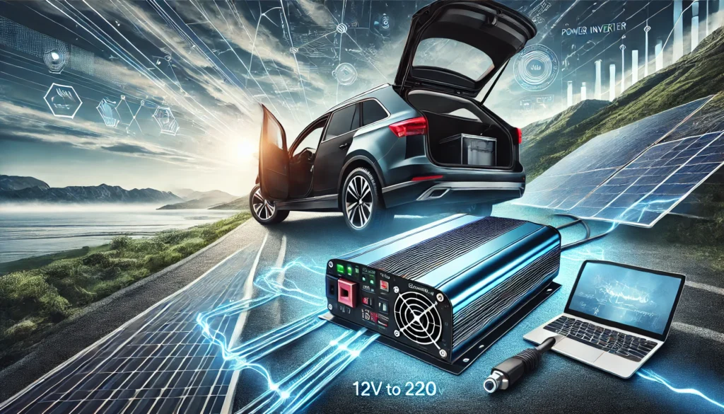 INVERSOR DE CORRIENTE AUTO Inversor de corriente 12V a 220V conectado a un auto, suministrando energía para laptop y otros dispositivos electrónicos.