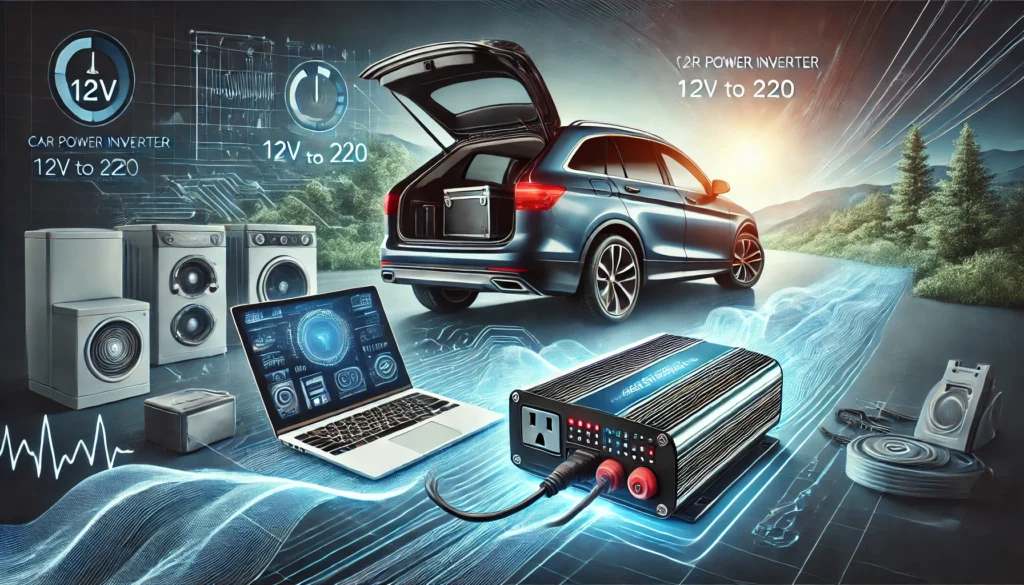 INVERSOR DE CORRIENTE AUTO Inversor de corriente 12V a 220V conectado al auto, suministrando energía a un laptop y otros dispositivos electrónicos.
