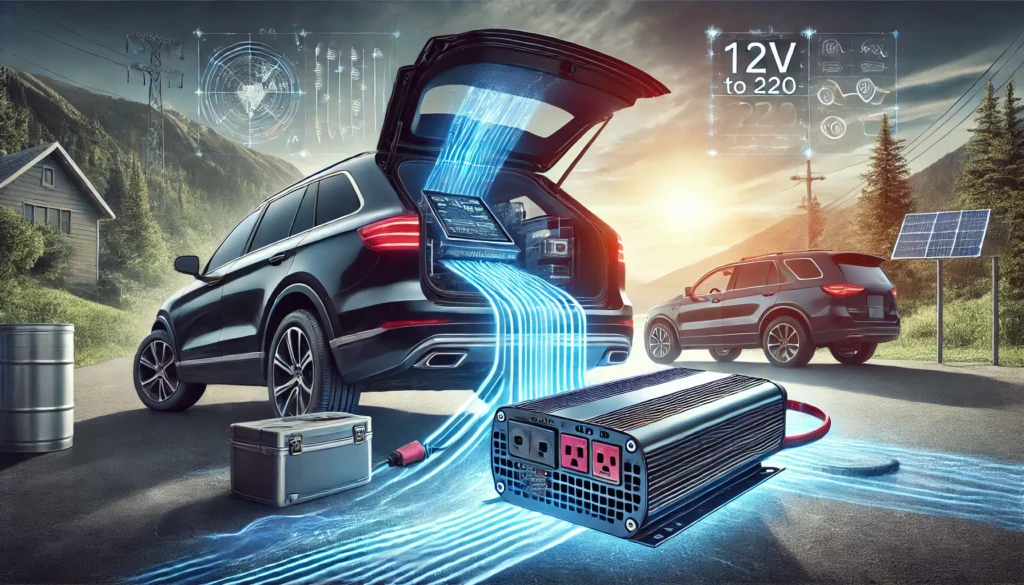 INVERSOR DE CORRIENTE AUTO Inversor de corriente 12V a 220V conectado a un automóvil, suministrando energía para laptop y otros dispositivos electrónicos.