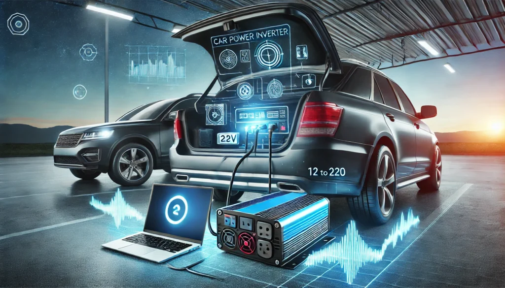 INVERSOR DE CORRIENTE AUTO Inversor de corriente automotriz 12V a 220V conectado al auto, suministrando energía para dispositivos electrónicos.