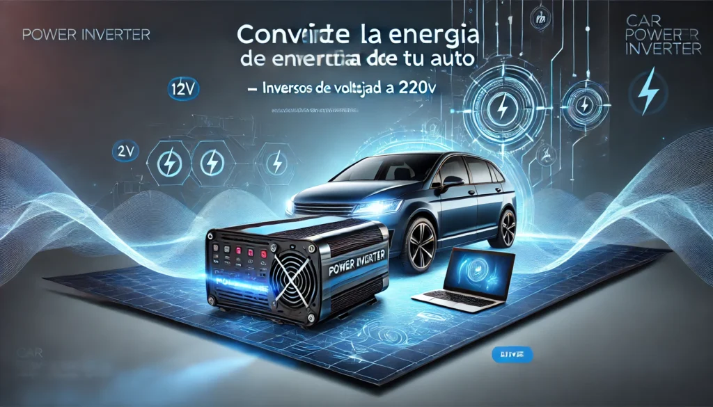 Inversor de corriente automotriz 12V a 220V conectado en un auto, ideal para cargar dispositivos electrónicos en viajes.