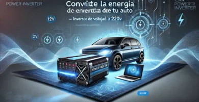 Inversor de corriente automotriz 12V a 220V conectado en un auto, ideal para cargar dispositivos electrónicos en viajes.