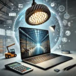 Focos LED industriales iluminando un galpón con alta eficiencia y potencia para grandes espacios.