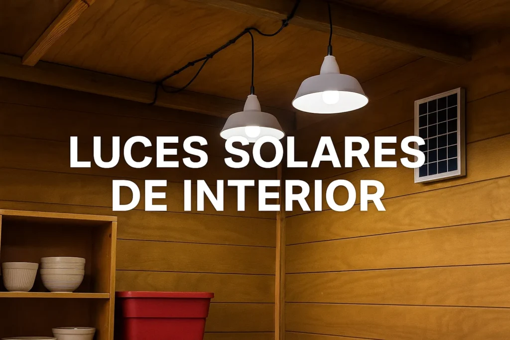 Tres lámparas solares LED colgantes iluminando una habitación de madera con panel solar en la pared