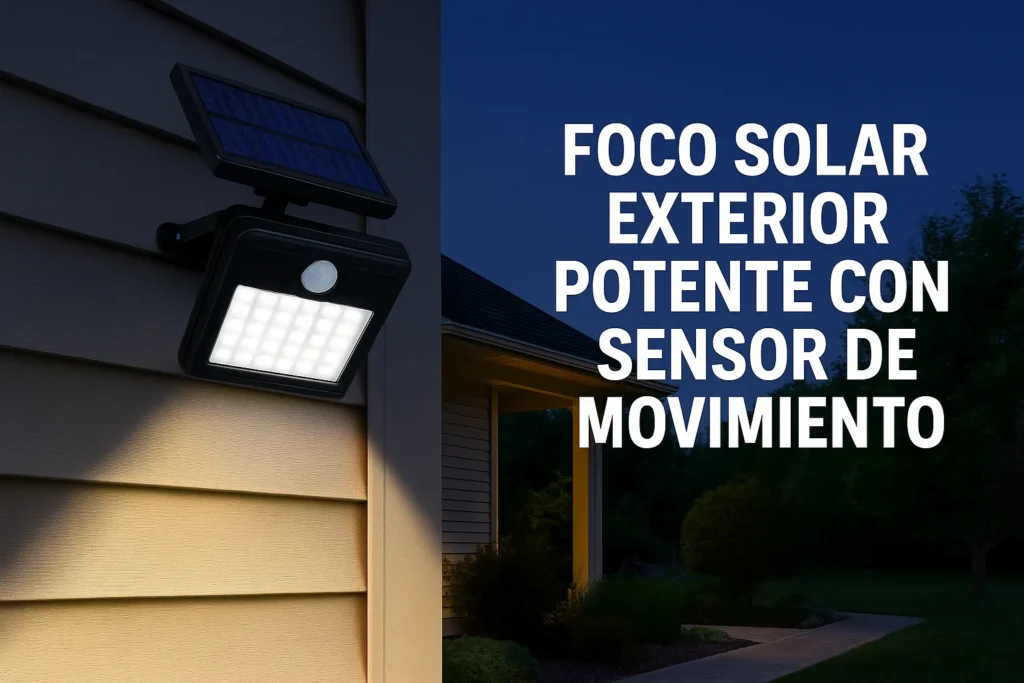 Foco solar LED instalado en muro iluminando el exterior con sensor de movimiento