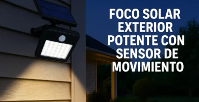 Foco solar LED instalado en muro iluminando el exterior con sensor de movimiento
