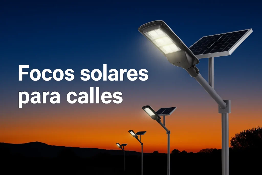 Faroles solares encendidos al atardecer iluminando una calle con postes modernos