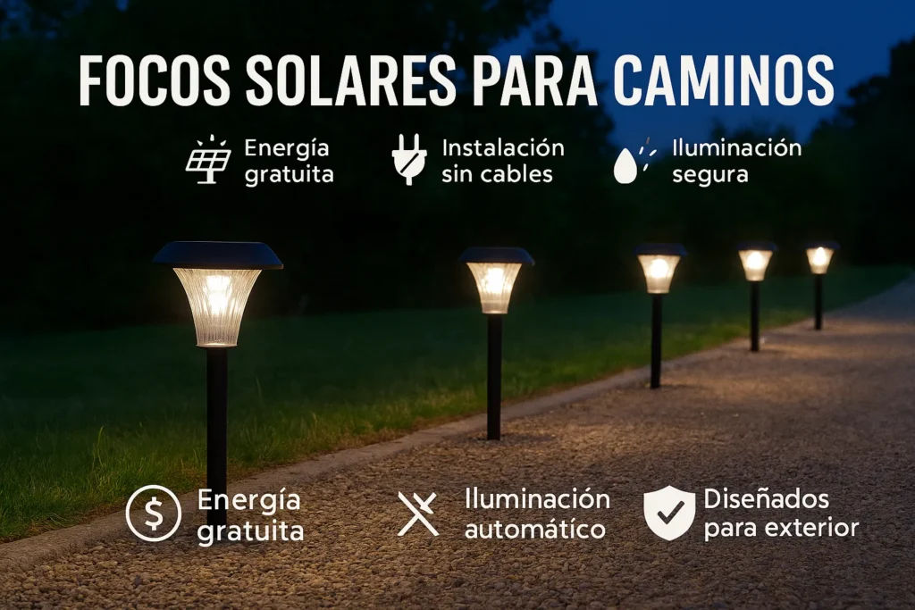 Focos solares iluminando camino de gravilla al anochecer con luz cálida