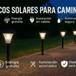 Focos solares iluminando camino de gravilla al anochecer con luz cálida