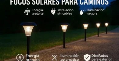 Focos solares iluminando camino de gravilla al anochecer con luz cálida