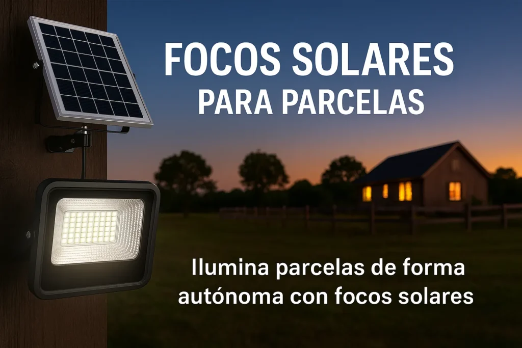 Foco solar con panel instalado en parcela iluminando al anochecer