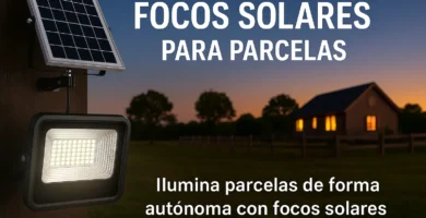 Foco solar con panel instalado en parcela iluminando al anochecer