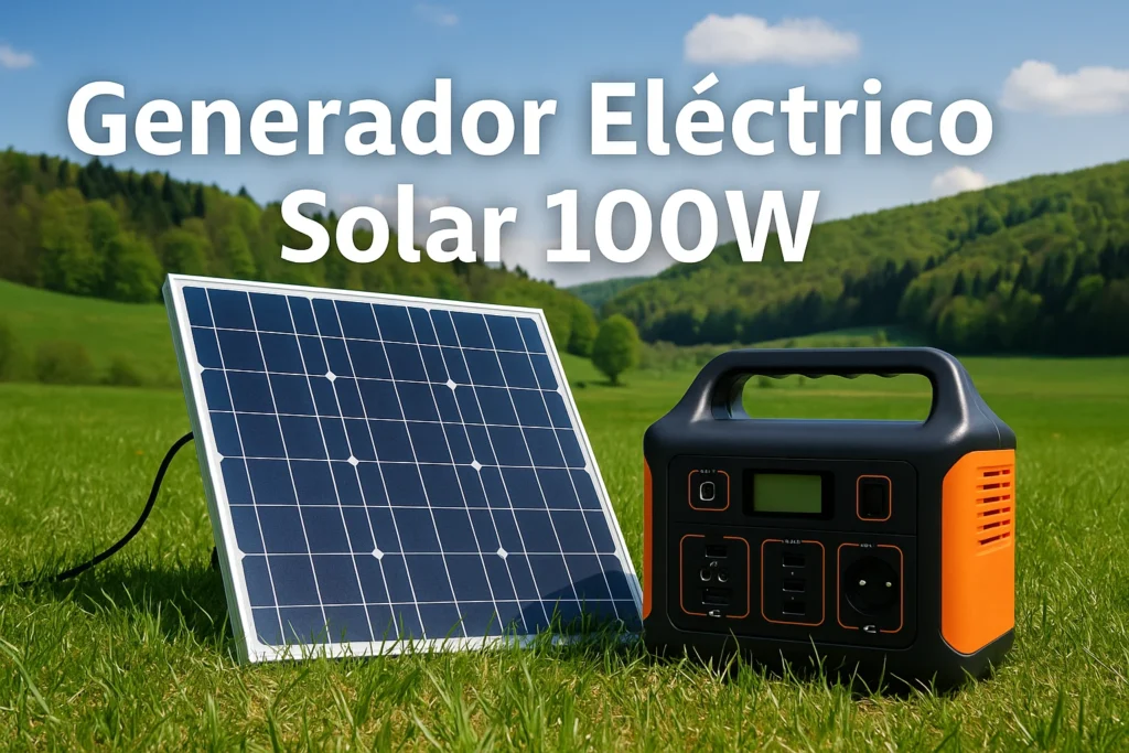 Generador eléctrico solar de 100W junto a panel solar portátil ideal para uso en exteriores