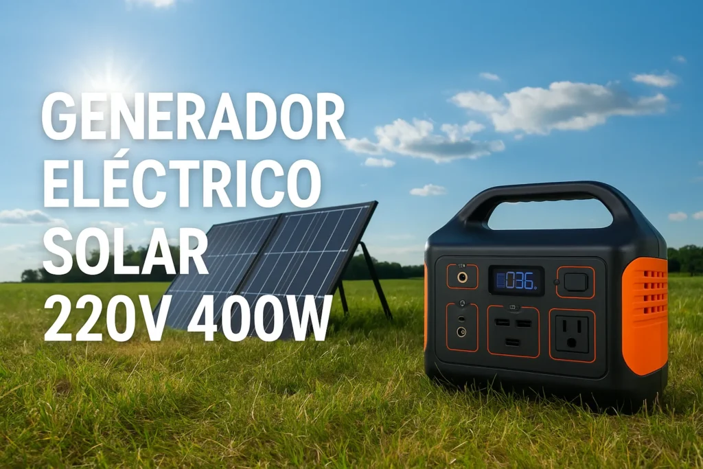 Generador solar portátil de 400W con salida 220V y panel solar en campo abierto