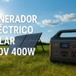 Generador solar portátil de 400W con salida 220V y panel solar en campo abierto