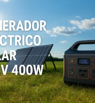 Generador solar portátil de 400W con salida 220V y panel solar en campo abierto