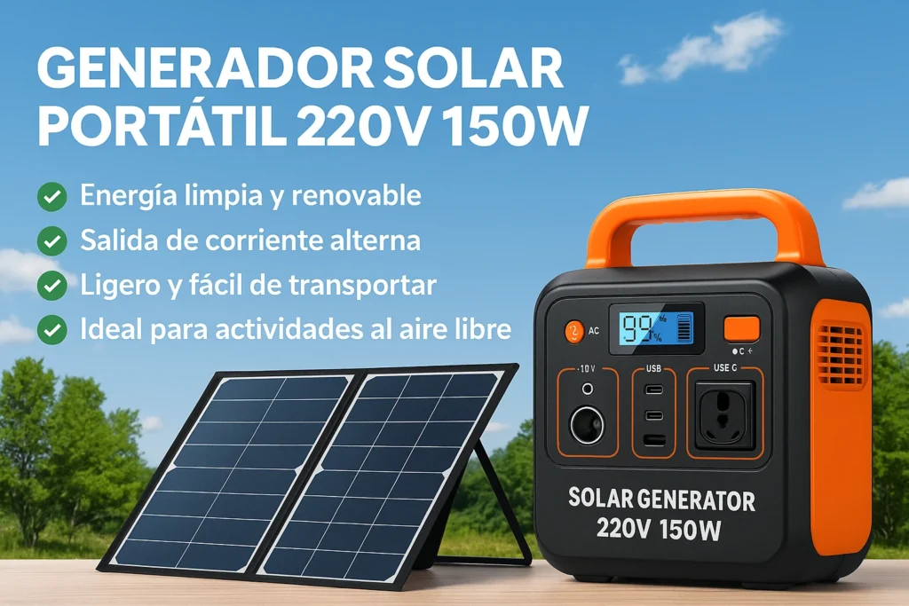 Generador solar portátil de 150W con salida 220V y panel solar ideal para camping y respaldo energético