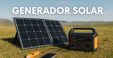 Generador Solar Generador solar portátil con paneles fotovoltaicos desplegados sobre campo al aire libre