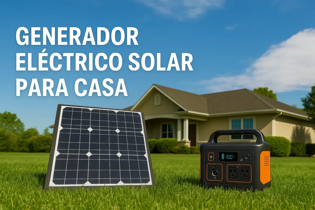Generador eléctrico solar con panel frente a una casa en un día soleado
