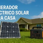 Generador eléctrico solar con panel frente a una casa en un día soleado