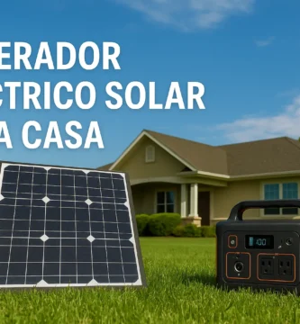 Generador eléctrico solar con panel frente a una casa en un día soleado