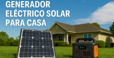 Generador eléctrico solar con panel frente a una casa en un día soleado