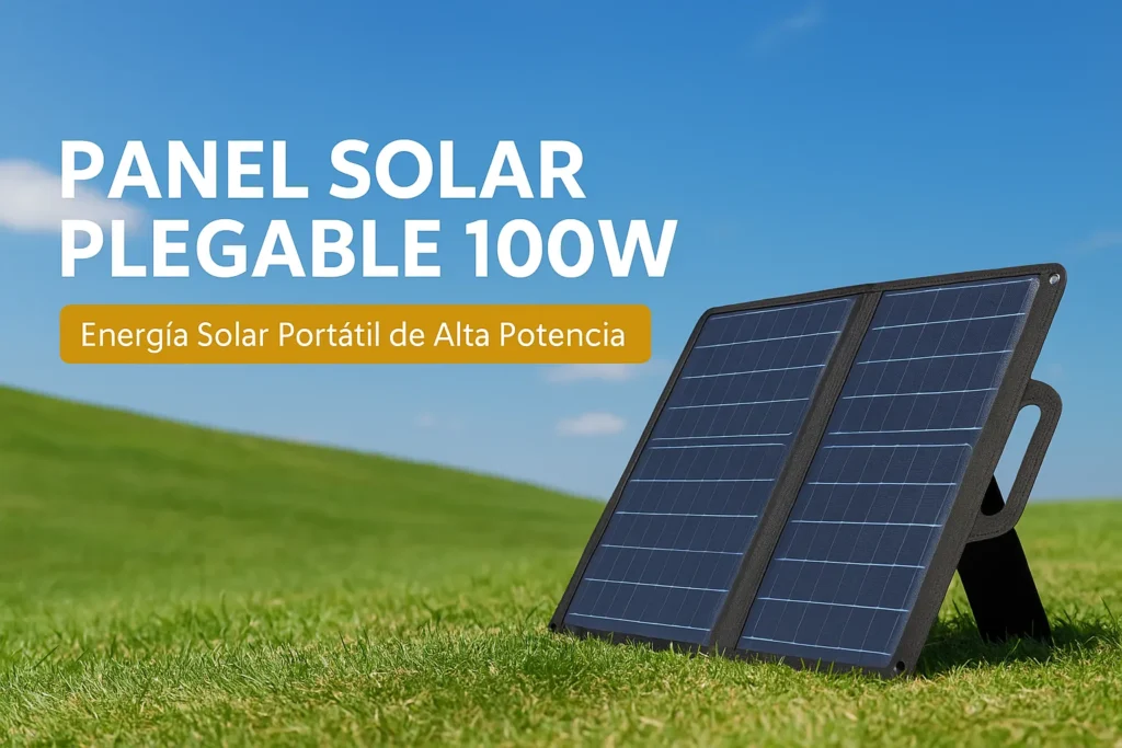 Panel Solar Plegable 100W Imagen de un panel solar plegable de 100W desplegado en el suelo, captando luz solar en un entorno natural