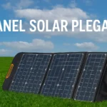 Panel solar plegable desplegado sobre pasto verde con cielo azul al fondo