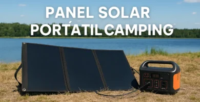Panel solar portátil para camping cargando dispositivos al aire libre en día soleado