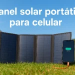 Panel solar plegable cargando un celular sobre pasto en un día soleado