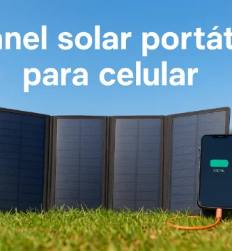 Panel solar plegable cargando un celular sobre pasto en un día soleado