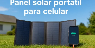 Panel solar Portátil para Celular Panel solar plegable cargando un celular sobre pasto en un día soleado