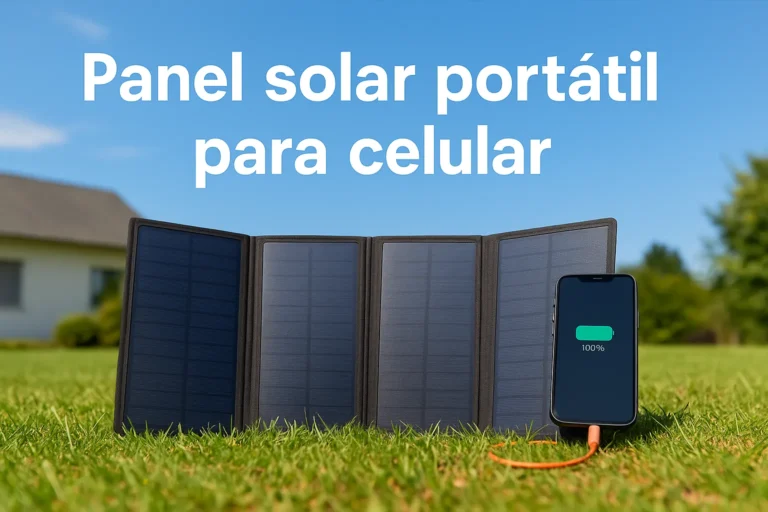Panel solar plegable cargando un celular sobre pasto en un día soleado