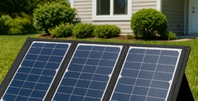Panel Solar Portátil Plegable Panel solar plegable de tres secciones desplegado en jardín de casa residencial