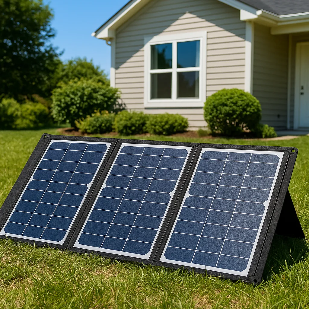 Panel solar plegable de tres secciones desplegado en jardín de casa residencial