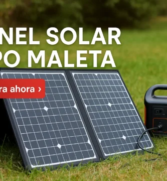Panel solar tipo maleta abierto sobre terreno con paisaje natural y cielo azul