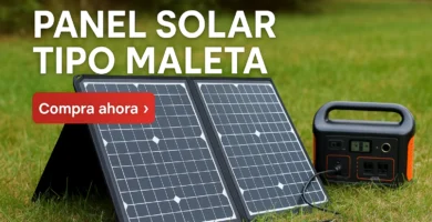 Panel Solar Tipo Maleta Panel solar tipo maleta abierto sobre terreno con paisaje natural y cielo azul