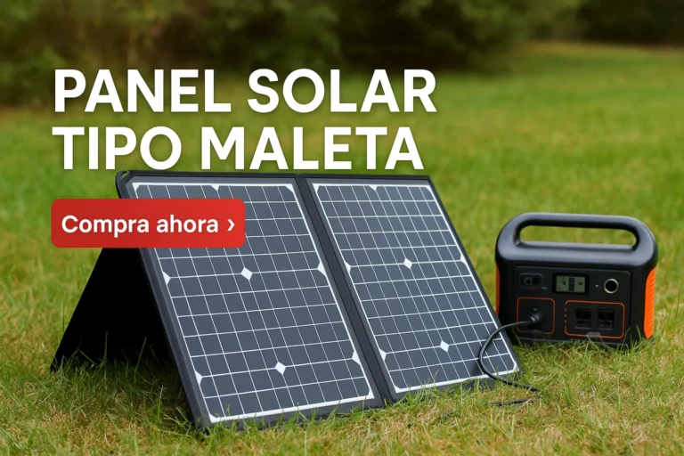 Panel solar tipo maleta abierto sobre terreno con paisaje natural y cielo azul
