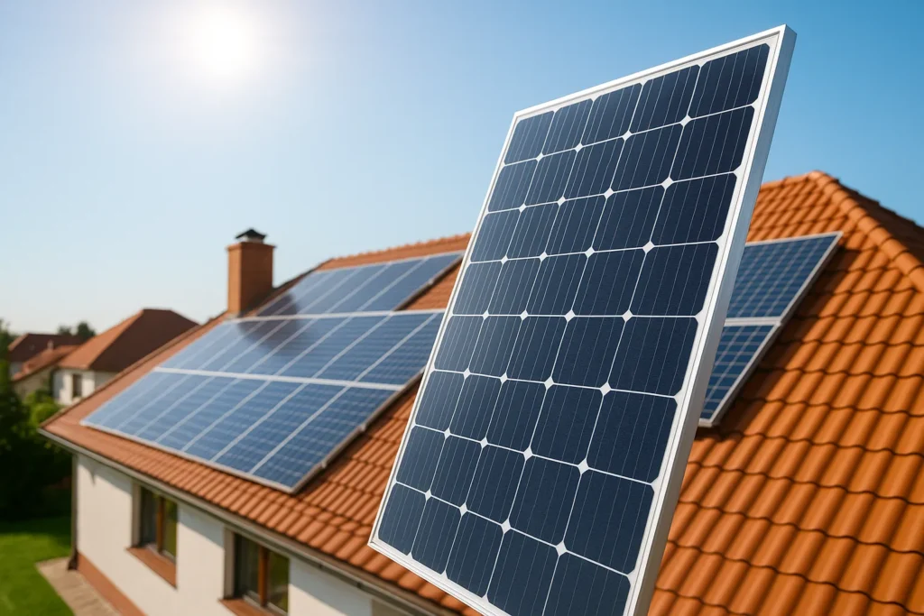 Paneles Solares Precio Vista de panel solar sobre techo de casa iluminado por el sol, representando eficiencia energética a buen precio