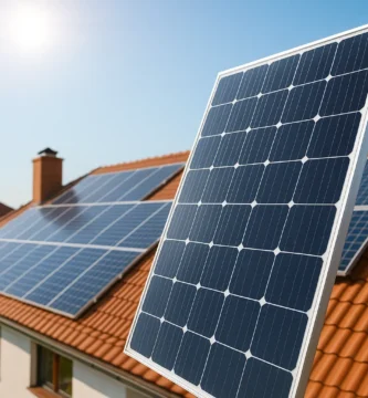 Vista de panel solar sobre techo de casa iluminado por el sol, representando eficiencia energética a buen precio