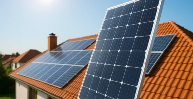Vista de panel solar sobre techo de casa iluminado por el sol, representando eficiencia energética a buen precio