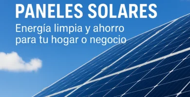 Imagen de panel solar moderno bajo cielo azul con mensaje de ahorro energético